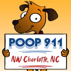 POOP 911 NW Charlotte, NC pooper scooper service yard sign being held by a happy and smiling brown dog.