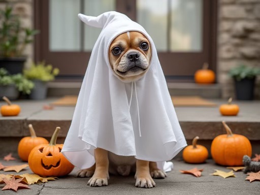 A ghost dog Halloween costume. A simple yet spooky classic, perfect for Halloween vibes.