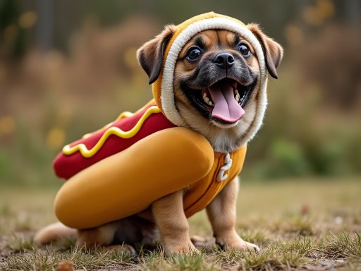 A hot dog Halloween costume is a humorous favorite, especially for French Bulldogs, but cute on any breed!