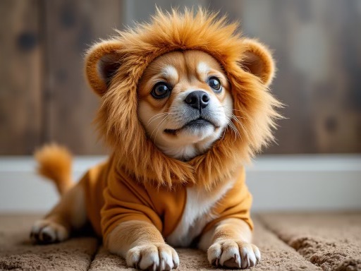 A lion dog costume for Halloween. Transforming your pup into a mighty lion with a mane is a favorite for larger dogs but super cute for small dogs.