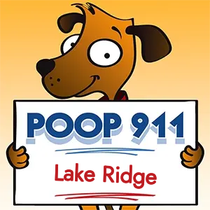 POOP 911 Lake Ridge, Virginia yard sign being held by a Smiling Brown Dog.