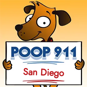 POOP 911 San Diego, California yard sign being held by a Smiling Brown Dog.