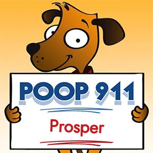 POOP 911 Prosper, Texas yard sign being held by a Smiling Brown Dog.