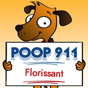 POOP 911 Florissant, Missouri yard sign being held by a Smiling Brown Dog.