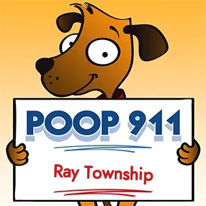 POOP 911 Ray Township, Michigan yard sign being held by a Smiling Brown Dog.