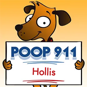 POOP 911 Hollis, New Hampshire yard sign being held by a Smiling Brown Dog.