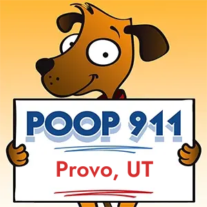 POOP 911 Provo, Utah yard sign being held by a Smiling Brown Dog.