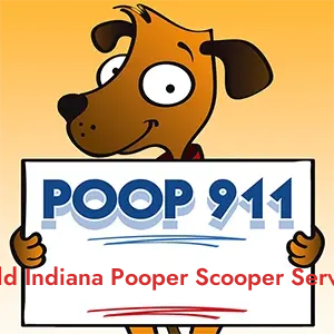 POOP 911 Winfield Indiana Pooper Scooper Service, Indiana yard sign being held by a Smiling Brown Dog.