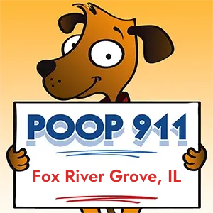 POOP 911 Fox River Grove, Illinois yard sign being held by a Smiling Brown Dog.