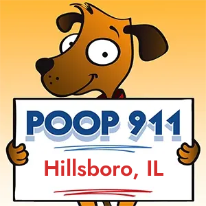 POOP 911 Hillsboro, Illinois yard sign being held by a Smiling Brown Dog.