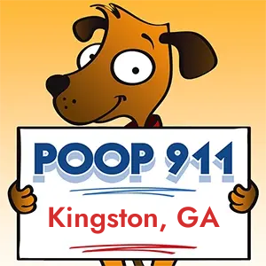 POOP 911 Kingston, Georgia yard sign being held by a Smiling Brown Dog.