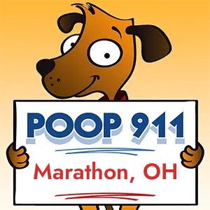 POOP 911 Marathon, Ohio yard sign being held by a Smiling Brown Dog.