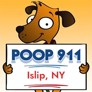 POOP 911 Islip, New York yard sign being held by a Smiling Brown Dog.