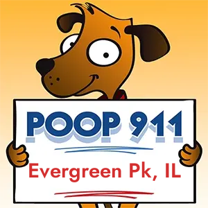 POOP 911 Evergreen Pk, Illinois yard sign being held by a Smiling Brown Dog.
