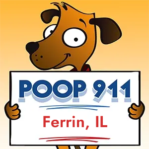 POOP 911 Ferrin, Illinois yard sign being held by a Smiling Brown Dog.