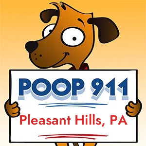 POOP 911 Pleasant Hills, Pennsylvania yard sign being held by a Smiling Brown Dog.
