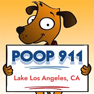 POOP 911 Lake Los Angeles, California yard sign being held by a Smiling Brown Dog.