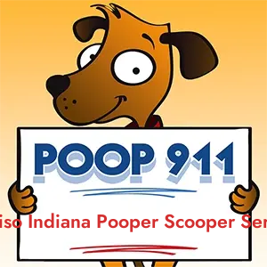 POOP 911 Valparaiso Indiana Pooper Scooper Service, Indiana yard sign being held by a Smiling Brown Dog.