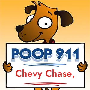 POOP 911 Chevy Chase, DC yard sign being held by a Smiling Brown Dog.