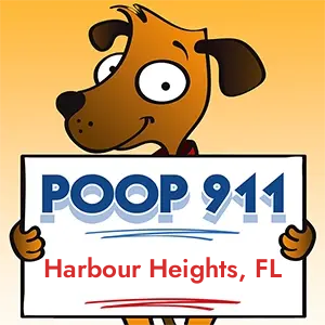 POOP 911 Harbour Heights, Florida yard sign being held by a Smiling Brown Dog.