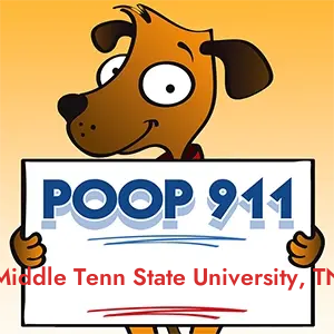 POOP 911 Middle Tenn State University, Tennessee yard sign being held by a Smiling Brown Dog.