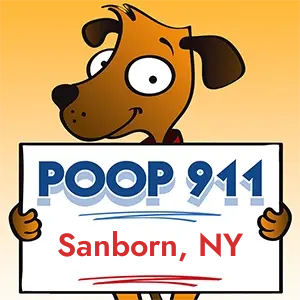 POOP 911 Sanborn, New York yard sign being held by a Smiling Brown Dog.