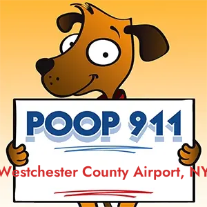POOP 911 Westchester County Airport, New York yard sign being held by a Smiling Brown Dog.