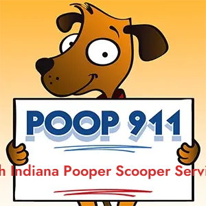 POOP 911 Griffith Indiana Pooper Scooper Service, Indiana yard sign being held by a Smiling Brown Dog.