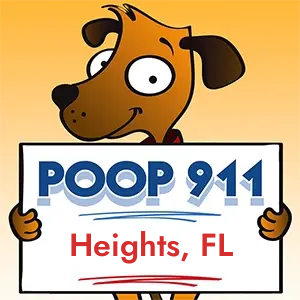 POOP 911 Heights, Florida yard sign being held by a Smiling Brown Dog.