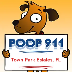 POOP 911 Town Park Estates, Florida yard sign being held by a Smiling Brown Dog.