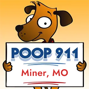 POOP 911 Miner, Missouri yard sign being held by a Smiling Brown Dog.