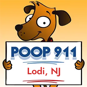 POOP 911 Lodi, New Jersey yard sign being held by a Smiling Brown Dog.