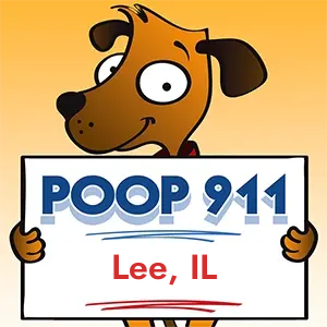 POOP 911 Lee, Illinois yard sign being held by a Smiling Brown Dog.