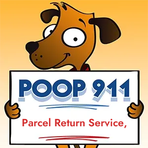 POOP 911 Parcel Return Service, DC yard sign being held by a Smiling Brown Dog.
