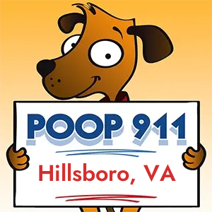 POOP 911 Hillsboro, Virginia yard sign being held by a Smiling Brown Dog.