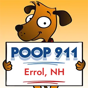 POOP 911 Errol, New Hampshire yard sign being held by a Smiling Brown Dog.