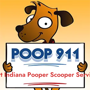 POOP 911 Hobart Indiana Pooper Scooper Service, Indiana yard sign being held by a Smiling Brown Dog.