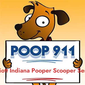 POOP 911 New Elliott Indiana Pooper Scooper Service, Indiana yard sign being held by a Smiling Brown Dog.