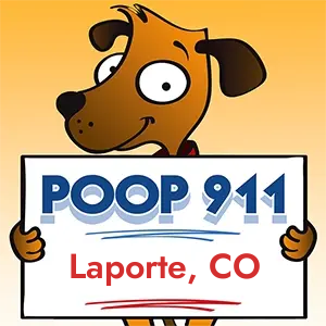 POOP 911 Laporte, Colorado yard sign being held by a Smiling Brown Dog.