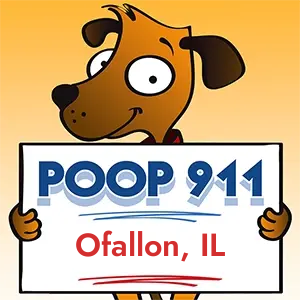 POOP 911 Ofallon, Illinois yard sign being held by a Smiling Brown Dog.