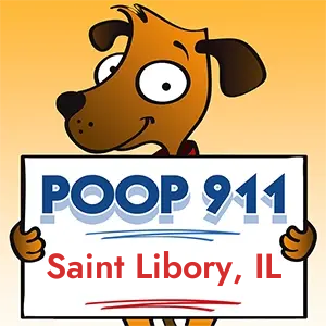POOP 911 Saint Libory, Illinois yard sign being held by a Smiling Brown Dog.