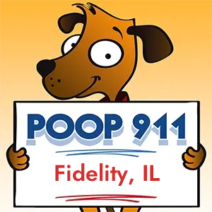 POOP 911 Fidelity, Illinois yard sign being held by a Smiling Brown Dog.