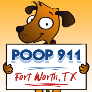 POOP 911 Fort Worth Texas Pooper Scooper Service Yard Sign being held by a Happy and Smiling Brown Dog.