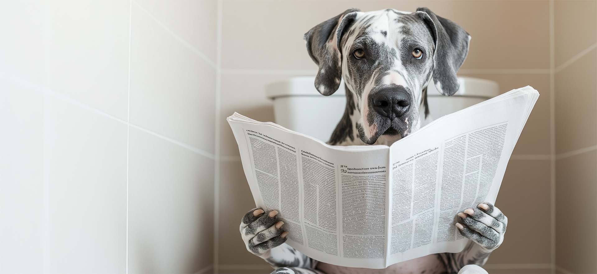 Dalmatian dog sitting on toilet reading newspaper, humorous pet