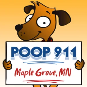 POOP 911 Maple Grove Minnesota Pooper Scooper Service Yard Sign being held by a Happy and Smiling Brown Dog.