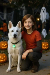 Matching Bolt Halloween costumes for pet parents and their dogs.