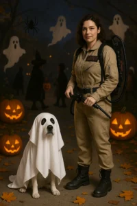 Matching Ghostbuster and Ghost Halloween costumes for pet parents and their dogs.