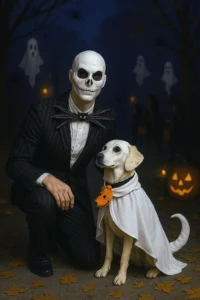 Matching Jack Skellington and Zero Halloween costumes for pet parents and their dogs.