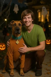Matching Scooby-Doo and Shaggy Halloween costumes for pet parents and their dogs.
