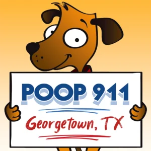 Smiling brown dog holding up a POOP 911 Georgetown, TX Pooper Scooper Service yard sign.